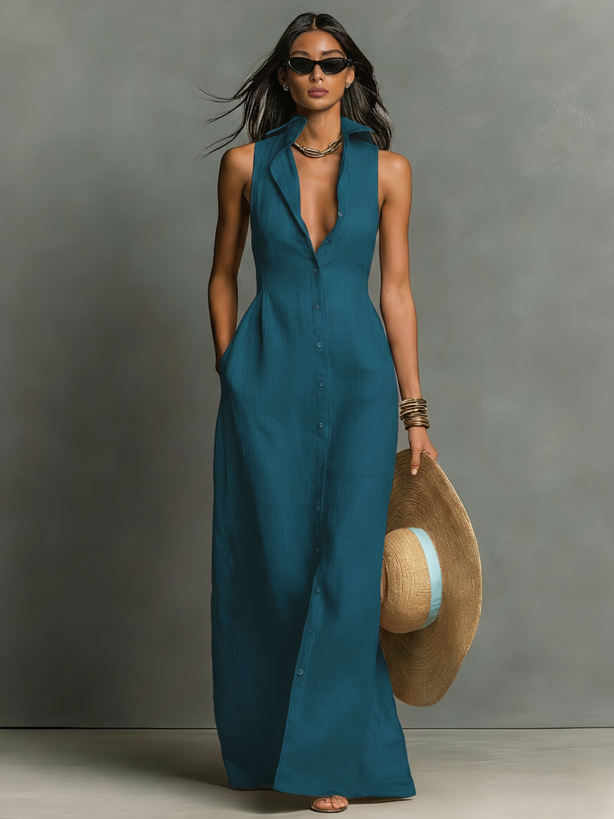 Women's Minimalist Linen-Blend Collared Single-Breasted -  One