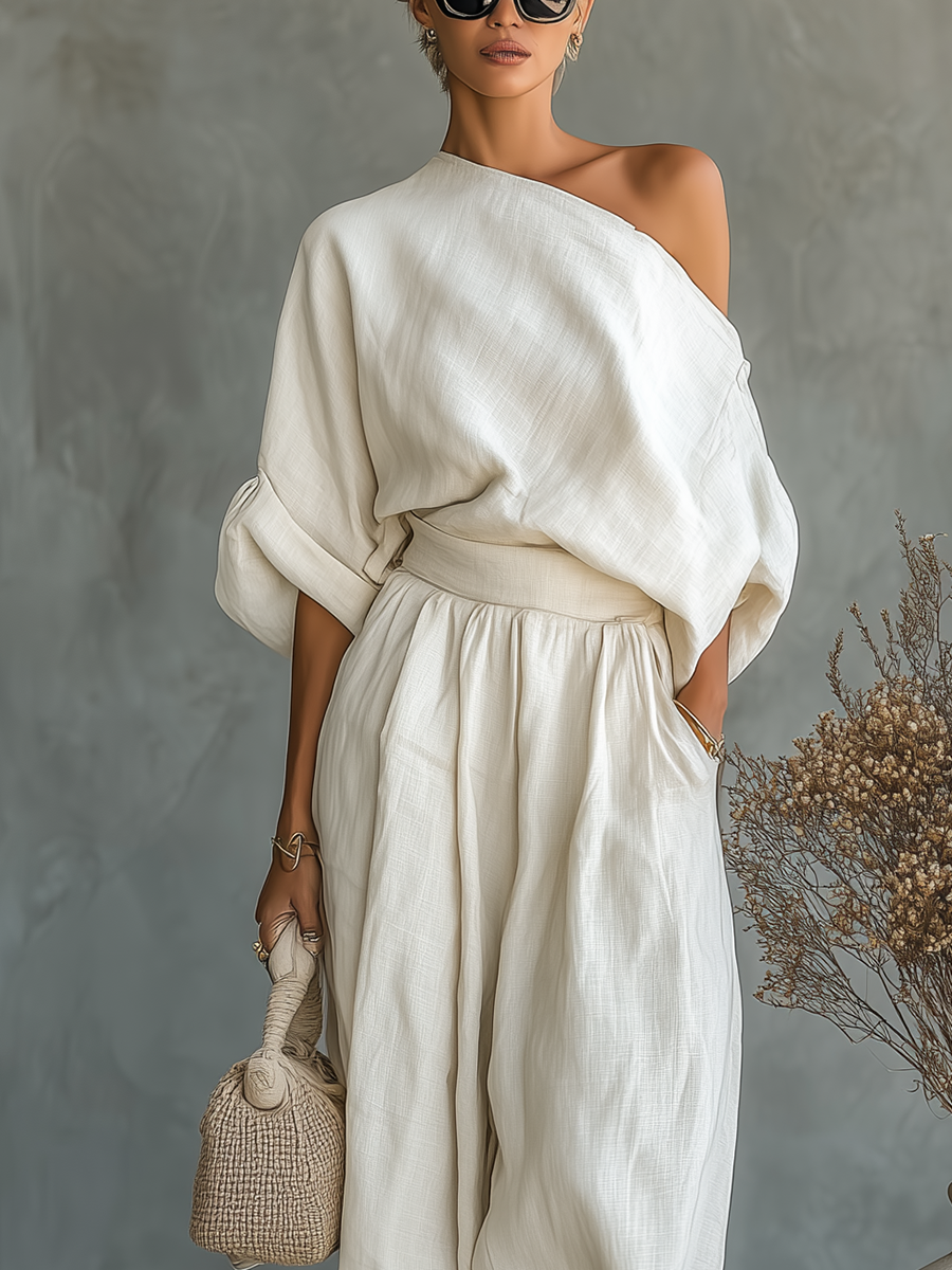 Women's Off-white Linen Off-shoulder Loose Casual Top And Tapered Pants Set MDA2770K8T